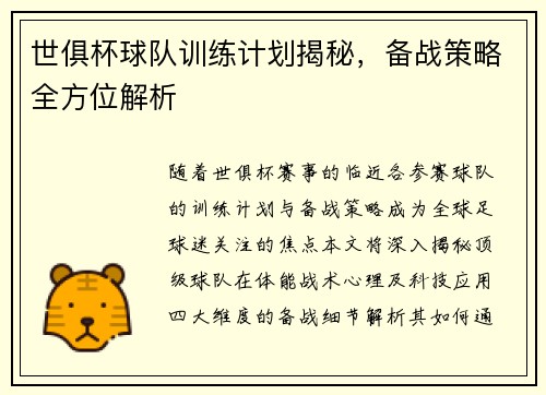 世俱杯球队训练计划揭秘，备战策略全方位解析