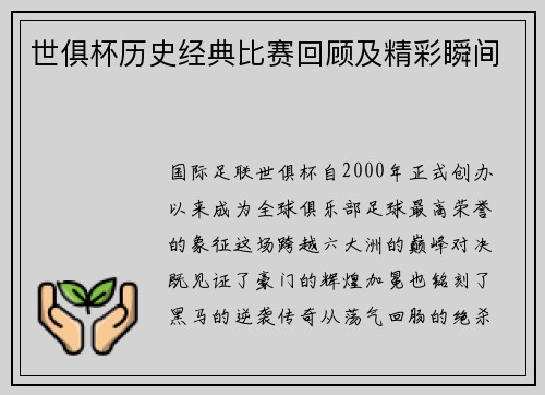 世俱杯历史经典比赛回顾及精彩瞬间