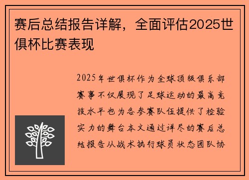 赛后总结报告详解，全面评估2025世俱杯比赛表现